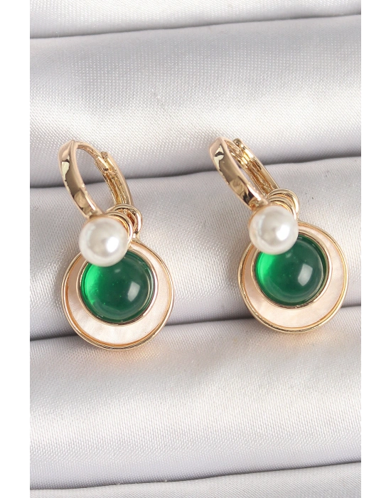 Pirinç Gold Renk Beyaz Yeşil Sallantı Mineli Kadın Küpe