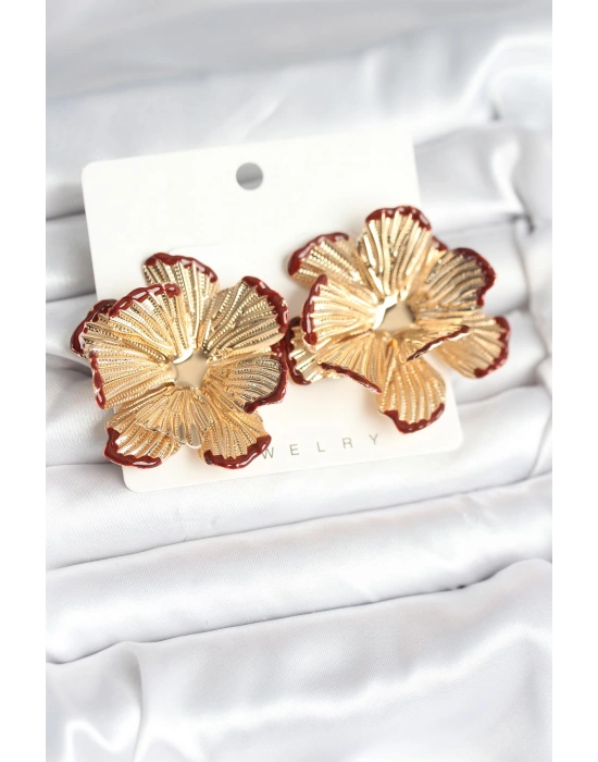 Pirinç Gold Renk Bordo Renk Detaylı Lotus Kadın Küpe
