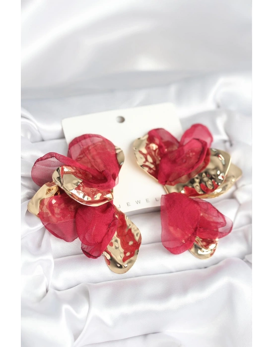 Pirinç Gold Renk Bordo Tüllü Lotus Kadın Küpe
