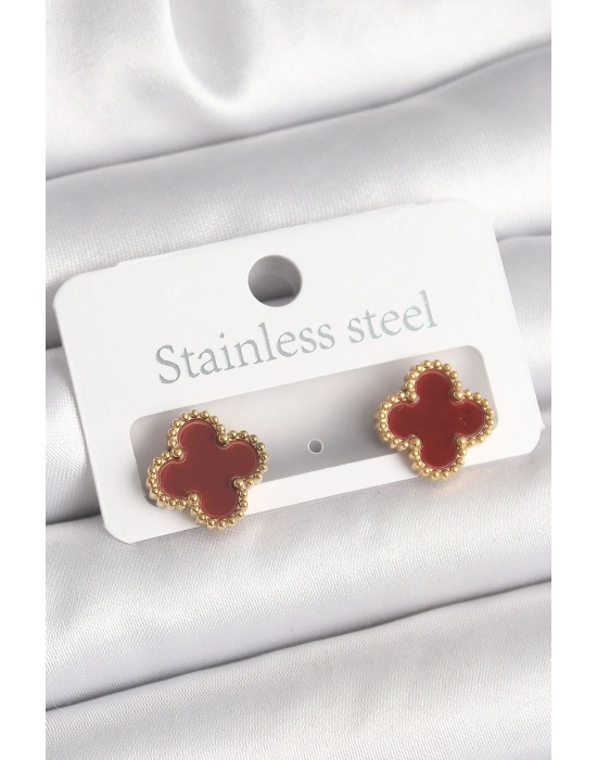Pirinç Gold Renk Bordo Yonca Model Kadın Küpe