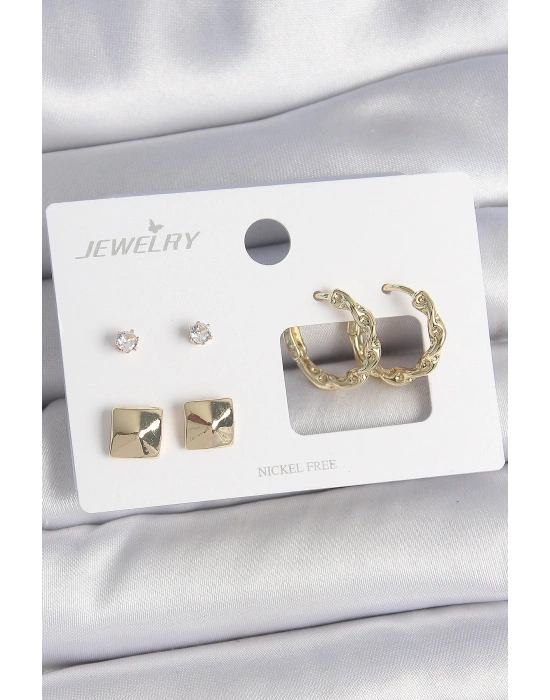 Pirinç Gold Renk Burgu Halka Model Zirkon Taşlı Kare Detay 3 Çift Kadın Küpe Seti