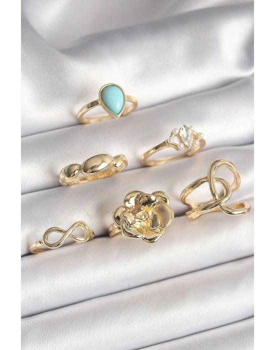 Pirinç Gold Renk Çiçek Model Model Sonsuzluk Zirkon Taş Detaylı 6Lı Kadın Yüzük Seti