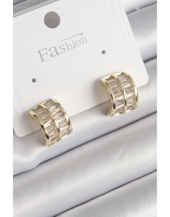 Pirinç Gold Renk Çift Sıra Zirkon Taşlı Kadın Küpe