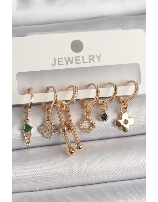 Pirinç Gold Renk Çoklu Figür Kadın Küpe Seti