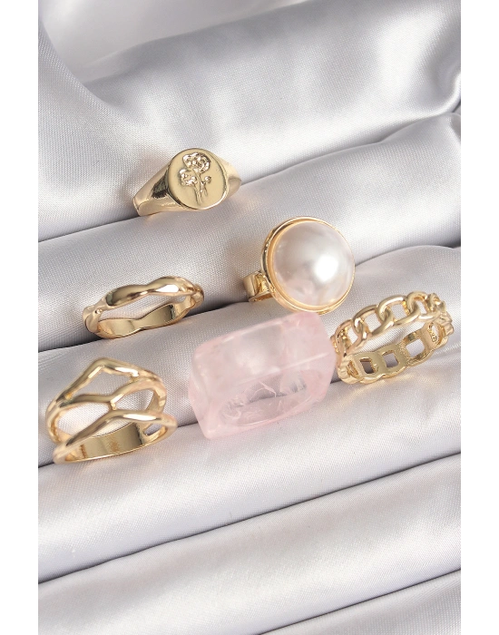 Pirinç Gold Renk Daire 3D İncili Figür Zincir Model Gül İşleme Detaylı 6Lı Kadın Yüzük Seti