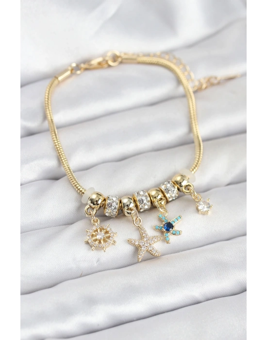 Pirinç Gold Renk Deniz Tema Charmlı Kadın Bileklik