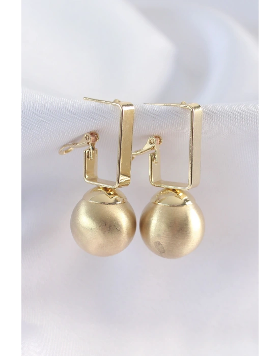 Pirinç Gold Renk Dikdörtgen Detay Oval Küpe