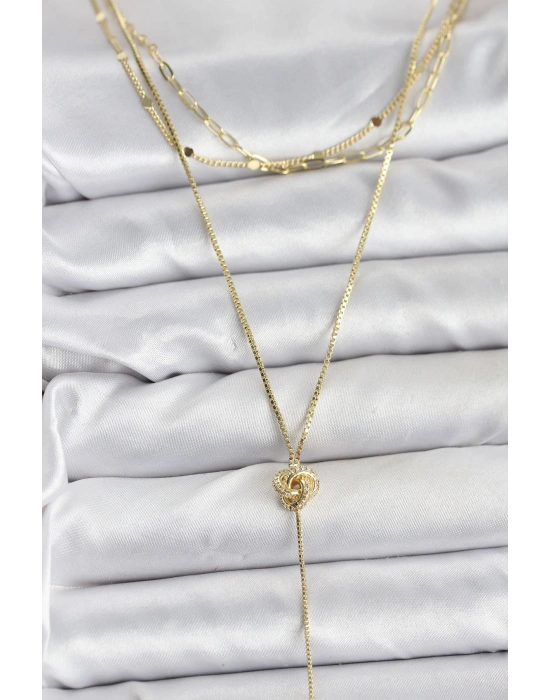 Pirinç Gold Renk Düğüm Model Detaylı 3lü Kombin Y Kadın Kolye