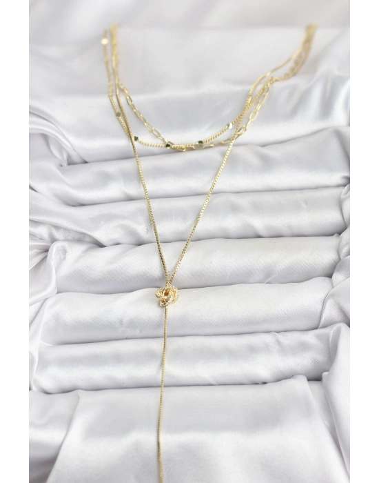 Pirinç Gold Renk Düğüm Model Detaylı 3lü Kombin Y Kadın Kolye