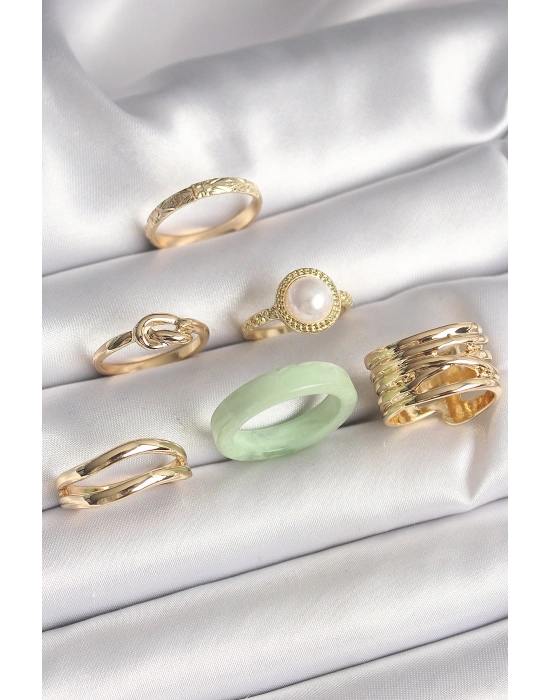 Pirinç Gold Renk Düğüm Model İncili İşlemeli Plaka Model 6Lı Kadın Yüzük Seti