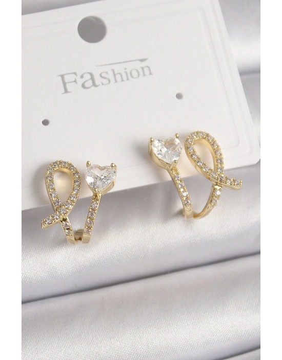 Pirinç Gold Renk Düğüm Model Zirkon Taşlı Kalp Detay Kadın Küpe