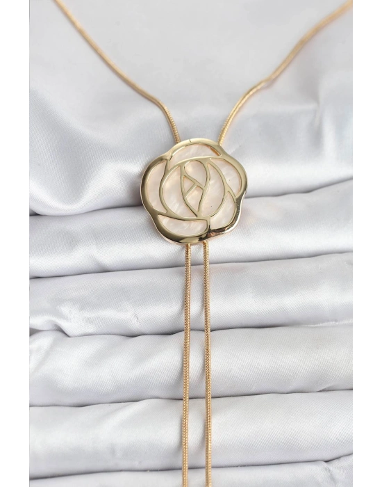 Pirinç Gold Renk Gül Model Asansörlü Kadın Kolye