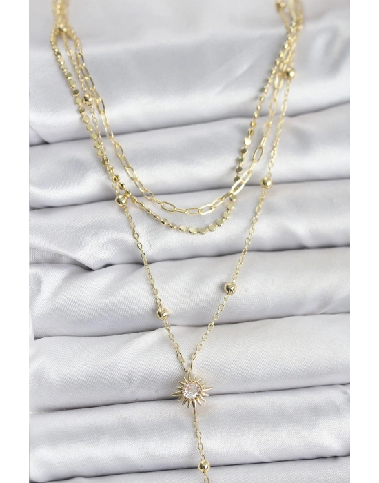 Pirinç Gold Renk Güneş Model Detaylı 3lü Kombin Y Kadın Kolye