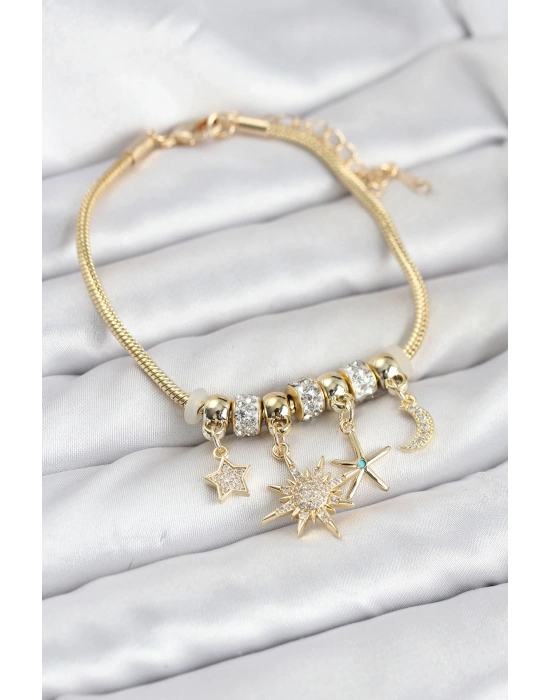 Pirinç Gold Renk Güneş Tema Charmlı Kadın Bileklik