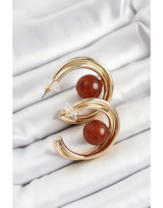 Pirinç Gold Renk Halka Model Kahverengi Boncuk Detay Kadın Küpe