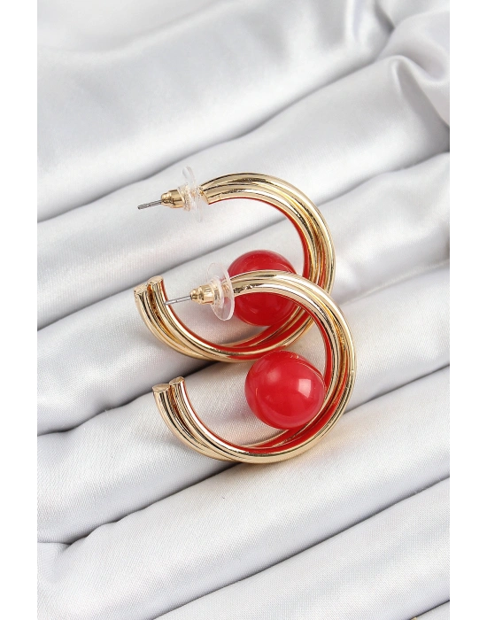 Pirinç Gold Renk Halka Model Kırmızı Boncuk Detay Kadın Küpe