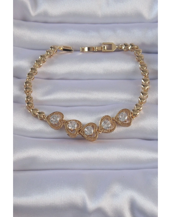 Pirinç Gold Renk İçi Zirkon Taşlı Kalp Figürlü Bileklik