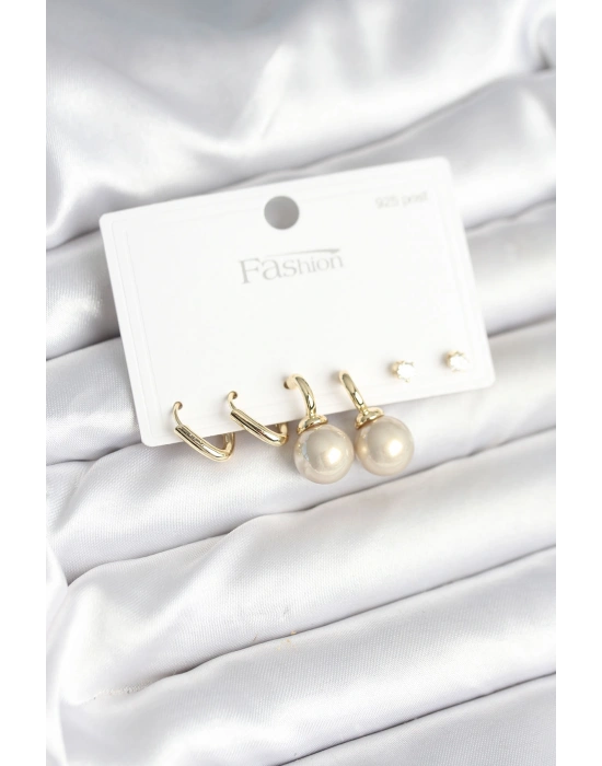 Pirinç Gold Renk İnci Detaylı 925 Gümüş Çivili Kadın Küpe Seti