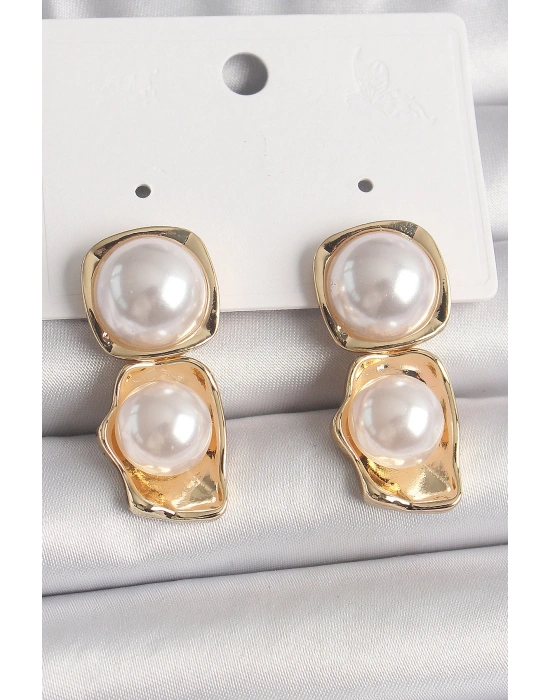 Pirinç Gold Renk İnci Kare Model Kadın Küpe