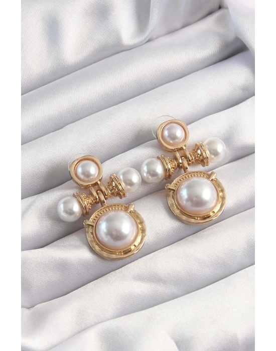 Pirinç Gold Renk İnci Taşlı Motifli Küpe