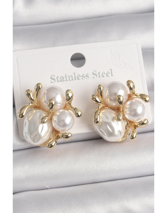 Pirinç Gold Renk İnci Tomurcuk Model Kadın Küpe