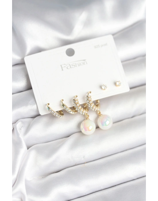 Pirinç Gold Renk İncili 925 Ayar Gümüş Çivi Kadın Küpe Seti