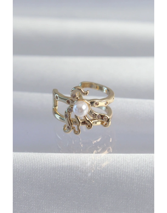 Pirinç Gold Renk İncili Ahtapot Earcuff Küpe