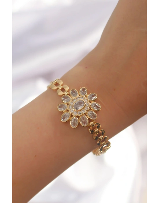 Pirinç Gold Renk İri Zirkon Taşlı Çiçek Figürlü Bileklik