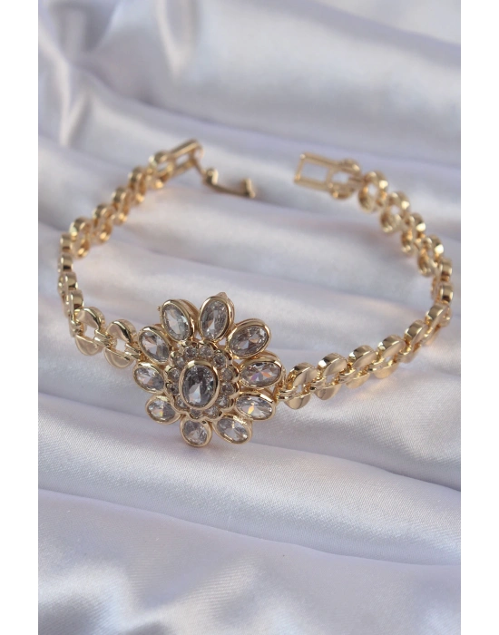 Pirinç Gold Renk İri Zirkon Taşlı Çiçek Figürlü Bileklik
