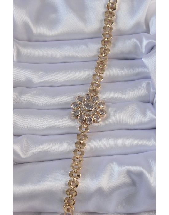 Pirinç Gold Renk İri Zirkon Taşlı Çiçek Figürlü Bileklik