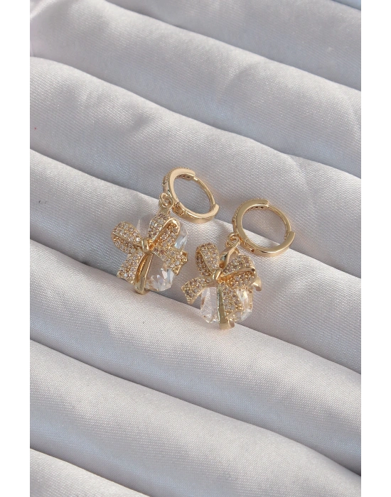 Pirinç Gold Renk İri Zirkon Taşlı Fiyonk Model Halka Küpe