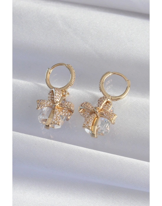 Pirinç Gold Renk İri Zirkon Taşlı Fiyonk Model Halka Küpe