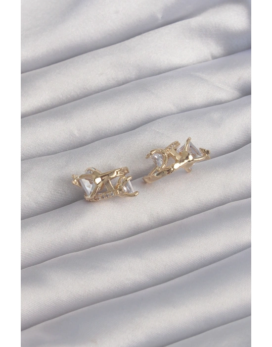 Pirinç Gold Renk İri Zirkon Taşlı Kıvrımlı Minimal Kelebekli Halka Küpe