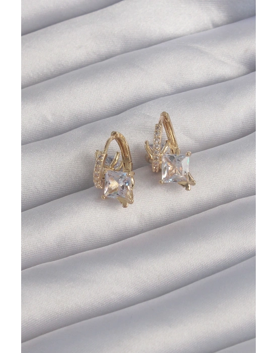 Pirinç Gold Renk İri Zirkon Taşlı Kıvrımlı Minimal Kelebekli Halka Küpe