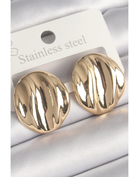 Pirinç Gold Renk İşlemeli Daire Plaka Model Kadın Küpe