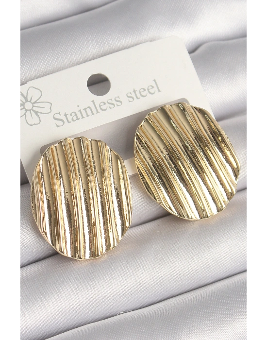 Pirinç Gold Renk İşlemeli Daire Plaka Model Kadın Küpe