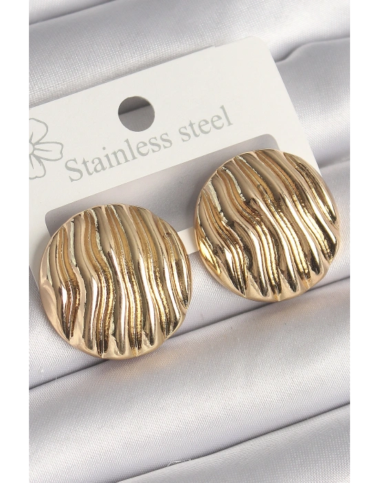 Pirinç Gold Renk İşlemeli Daire Plaka Model Kadın Küpe