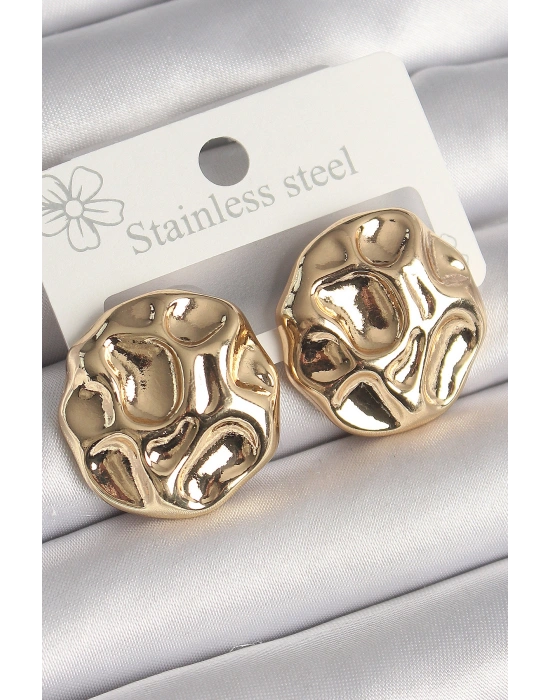 Pirinç Gold Renk İşlemeli Daire Plaka Model Kadın Küpe