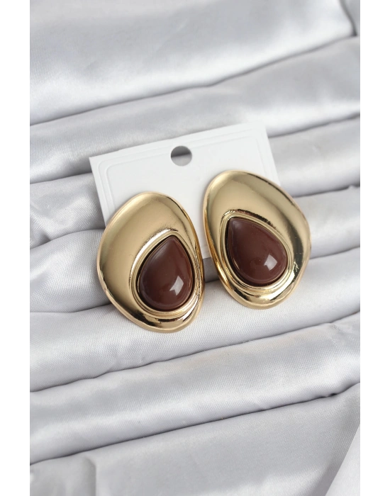 Pirinç Gold Renk Kahverengi Taşlı Damla Model Vintage Kadın Küpe