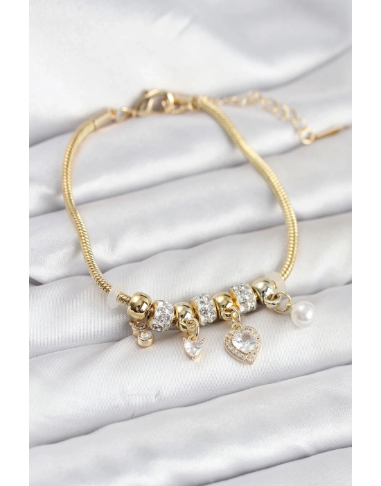 Pirinç Gold Renk Kalp Charmlı Kadın Bileklik