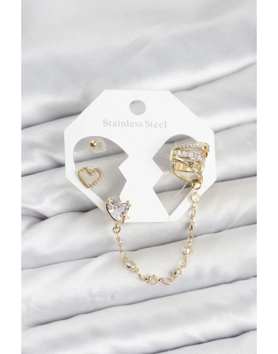 Pirinç Gold Renk Kalp Model Zincir Bağlantılı Ear Cuff Küpe Seti