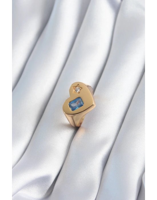 Pirinç Gold Renk Kalp Model Zirkon Taş Yıldız Detay Kadın Yüzük