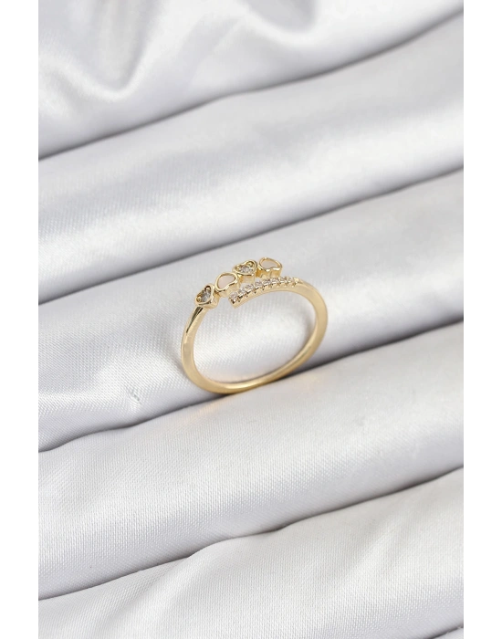 Pirinç Gold Renk Kalpli Detaylı Zirkon Taşlı Kadın Yüzük