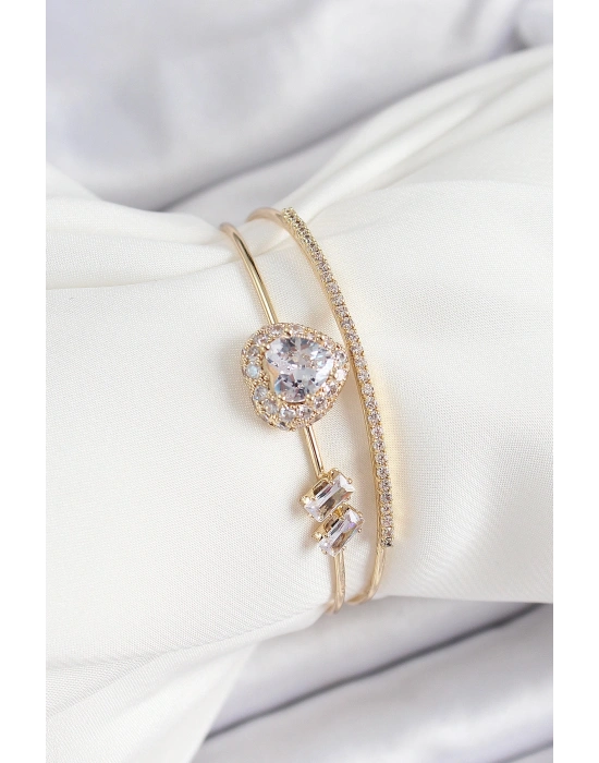 Pirinç Gold Renk Kalpli Zirkon Taşlı Kadın Bileklik