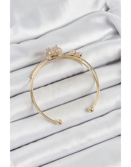 Pirinç Gold Renk Kalpli Zirkon Taşlı Kadın Bileklik
