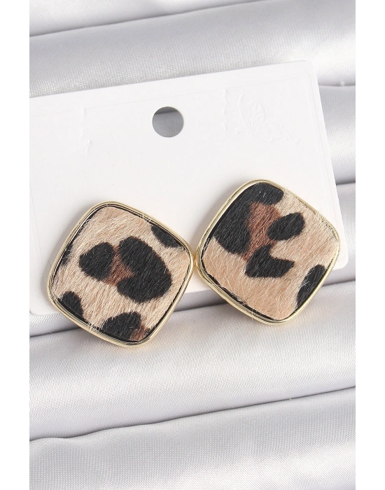 Pirinç Gold Renk Kare Leopar Model Kadın Küpe