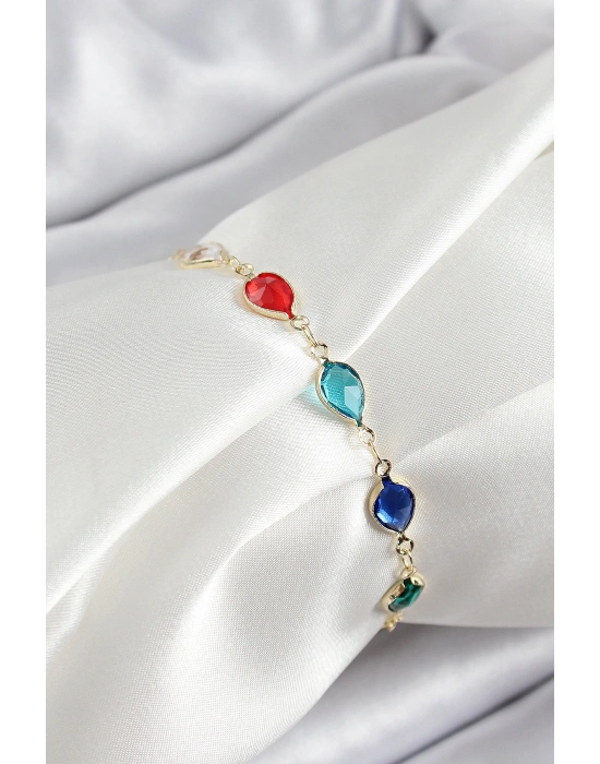 Pirinç Gold Renk Karışık Renk Damla Zirkon Taşlı Kadın Bileklik