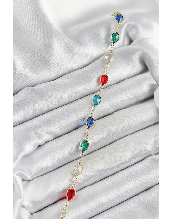 Pirinç Gold Renk Karışık Renk Damla Zirkon Taşlı Kadın Bileklik