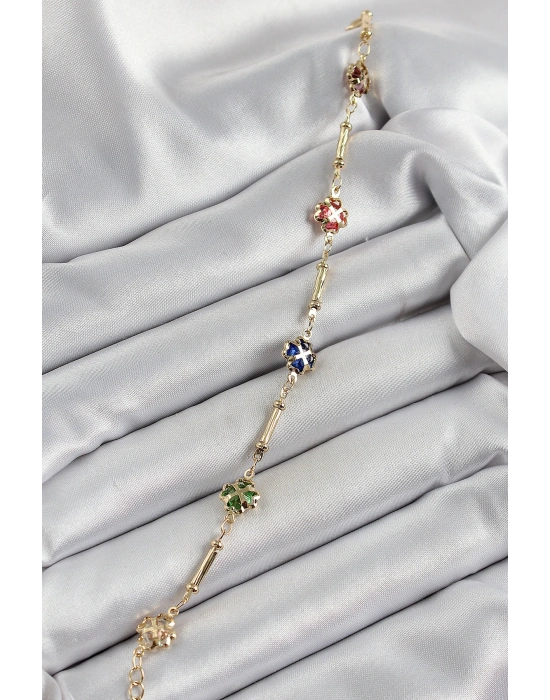 Pirinç Gold Renk Karışık Renk Yonca Zirkon Taşlı Kadın Bileklik