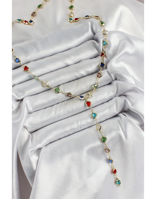 Pirinç Gold Renk Karışık Renk Zirkon Taşlı Kalpli Y Kadın Kolye